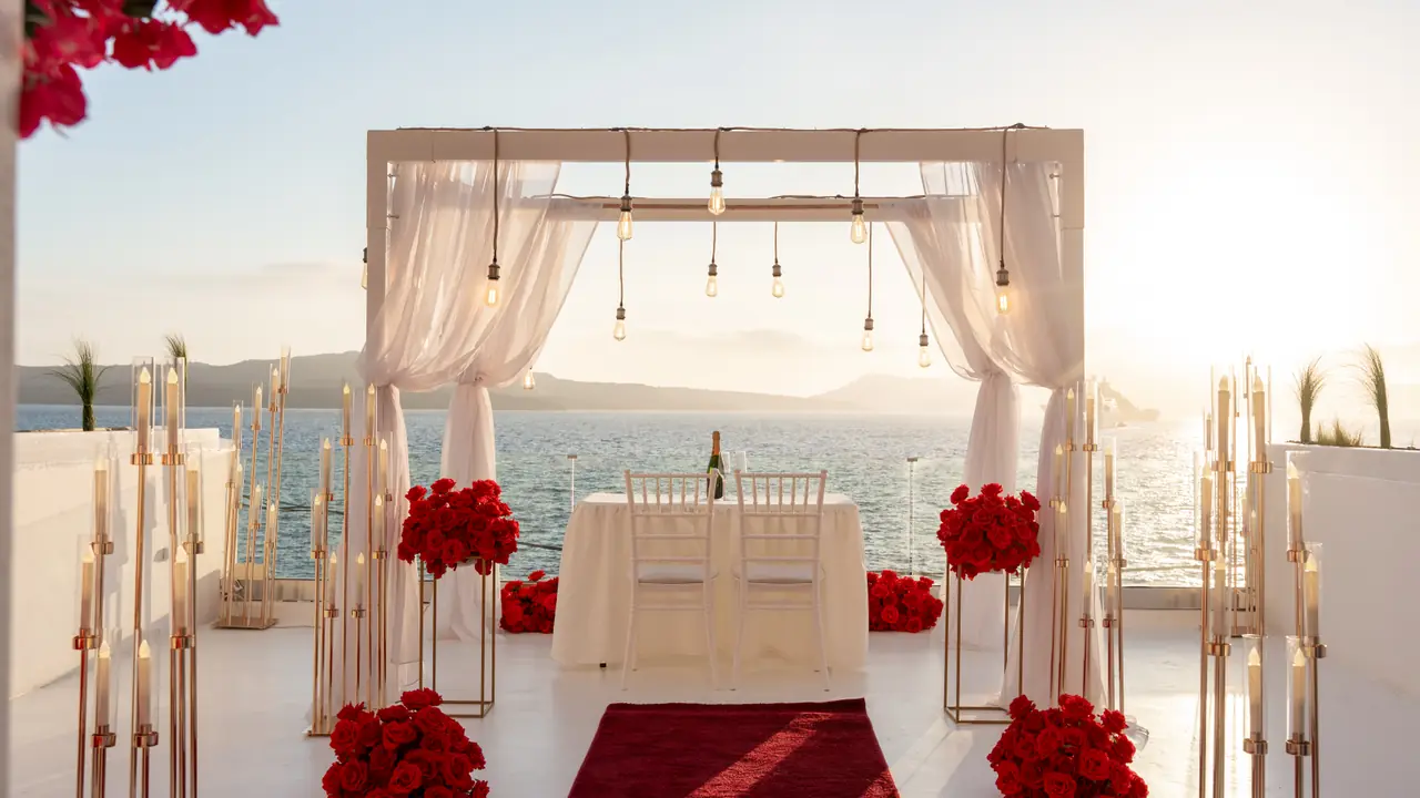 A symmetrical red-rose proposal setup with a draped arch and candle-lined aisle on a Santorini terrace at sunset